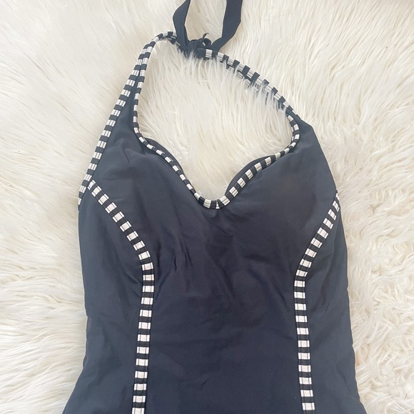 Catalina Women’s Nautical Pin Stripe Black One-Piece Halter Swimsuit Size Small - Picture 4 of 7